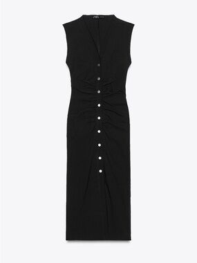 Zara Black Button Sleeveless Ruched Button Midi Dress